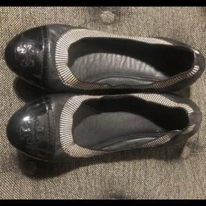 Tory Burch striped black patent toe/leather side